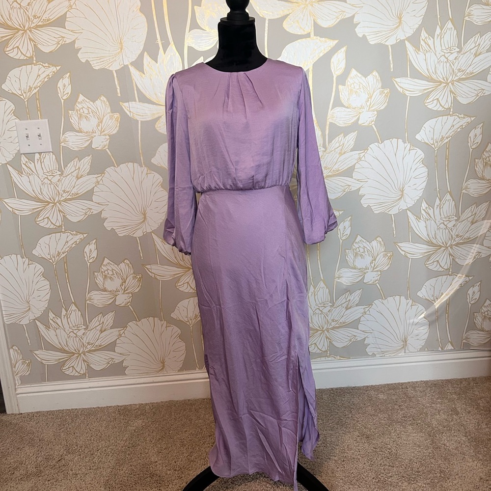Purple Gown with Dolman Sleeves and Crew Neck for Wedding Guest